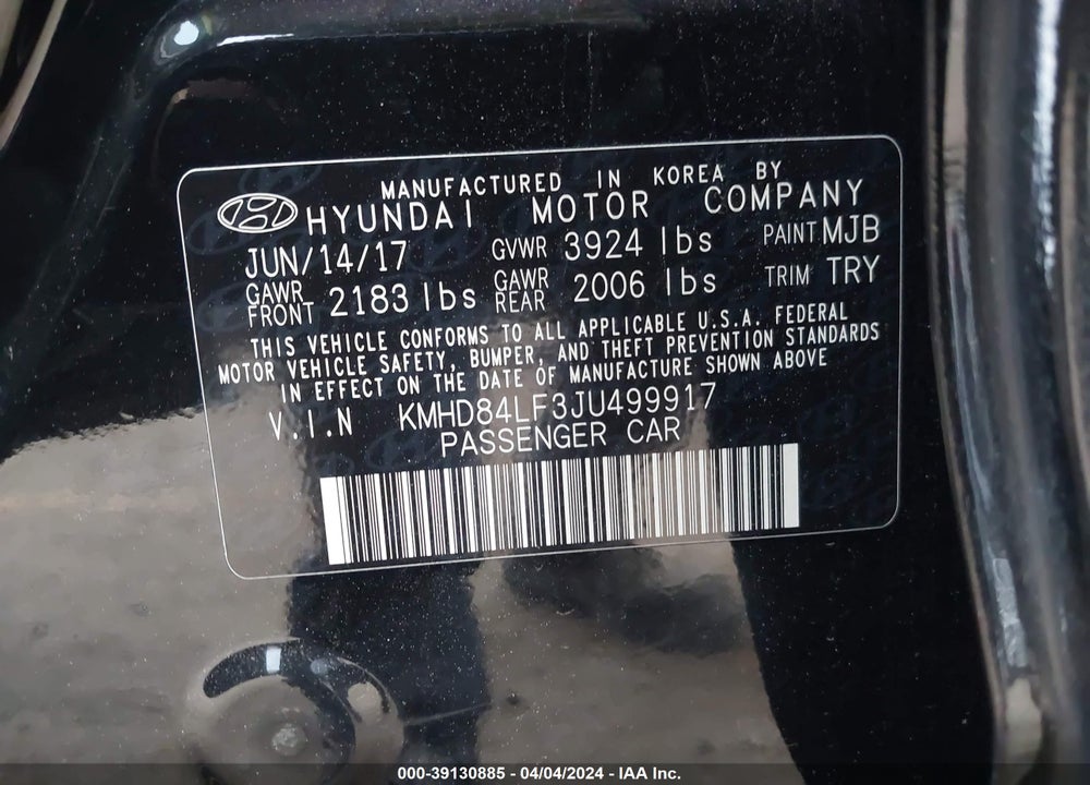 2018 HYUNDAI ELANTRA SEL VIN: KMHD84LF3JU499917