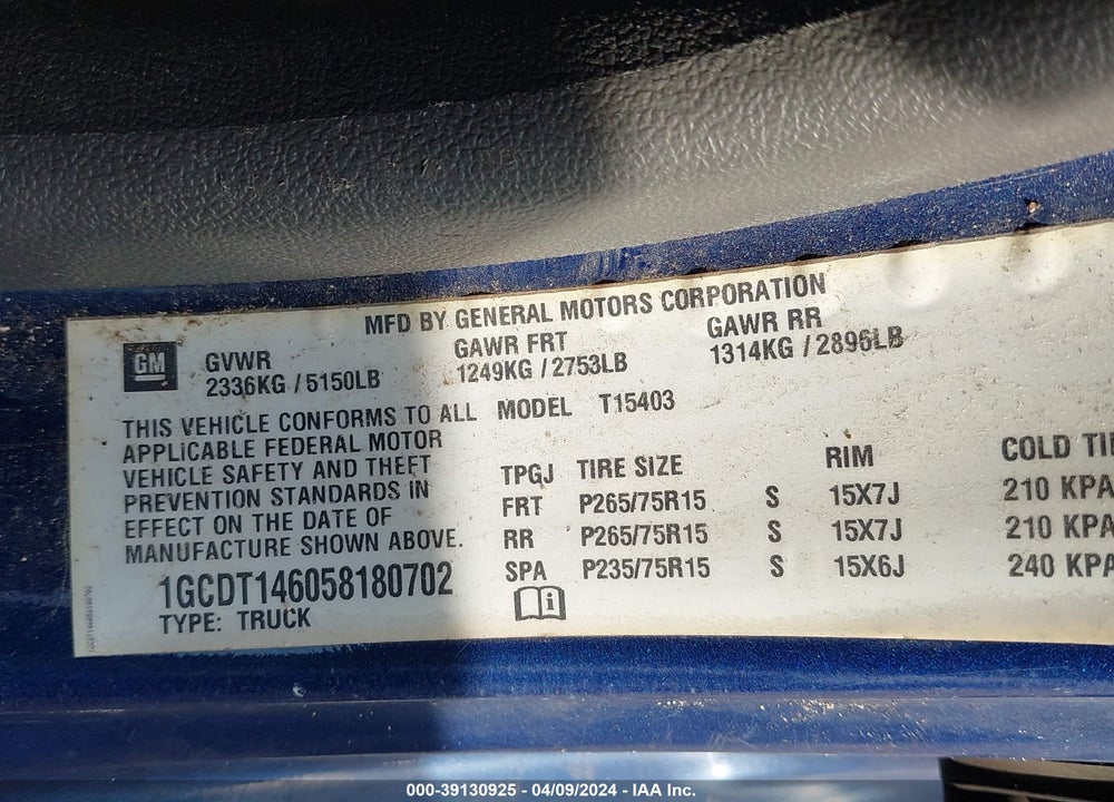 2005 CHEVROLET COLORADO LS VIN: 1GCDT146058180702