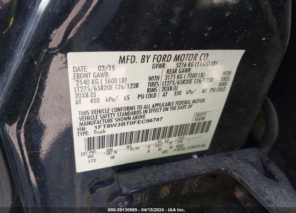 2015 FORD F-350 LARIAT VIN: 1FT8W3BT0FEC96787