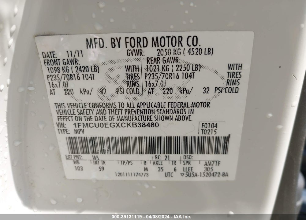 2012 FORD ESCAPE VIN: 1FMCU0EGXCKB38480