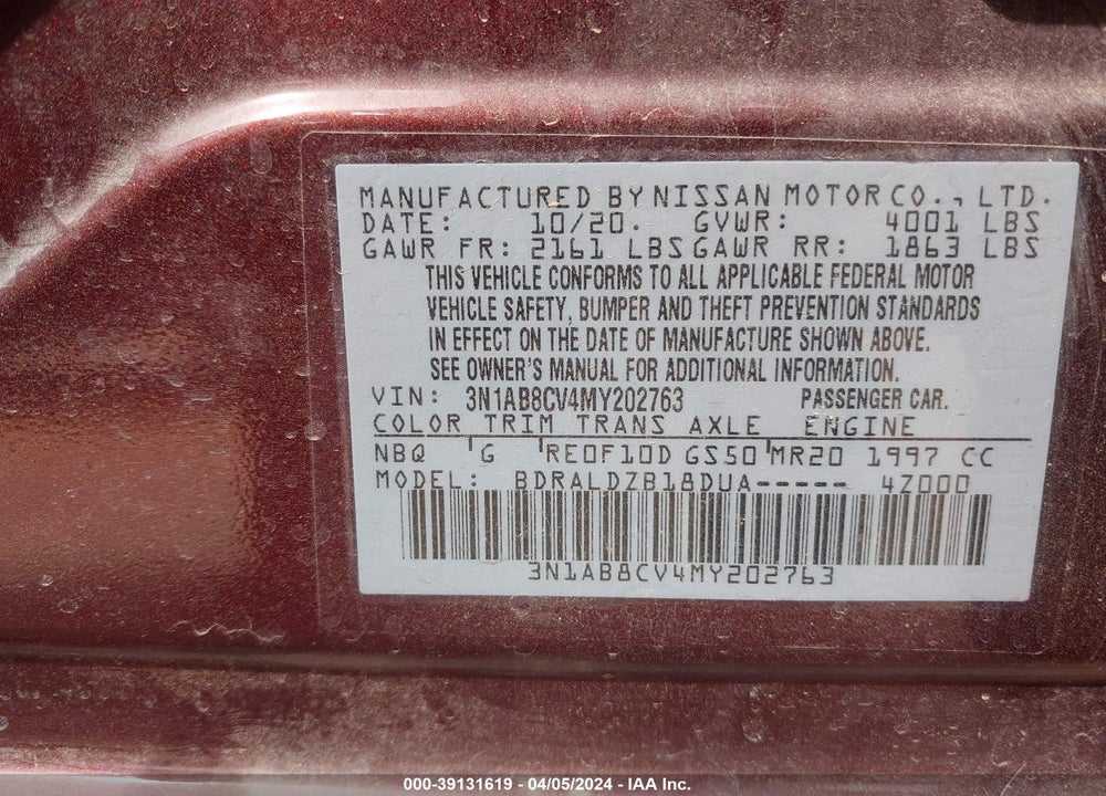 2021 NISSAN SENTRA SV XTRONIC CVT VIN: 3N1AB8CV4MY202763