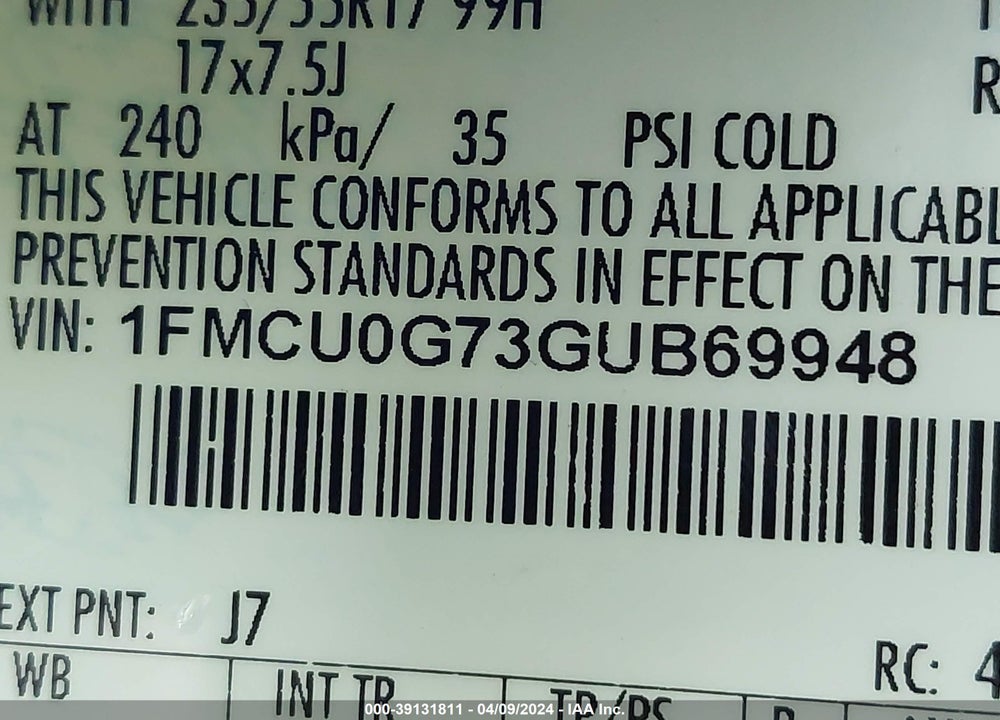 2016 FORD ESCAPE SE VIN: 1FMCU0G73GUB69948