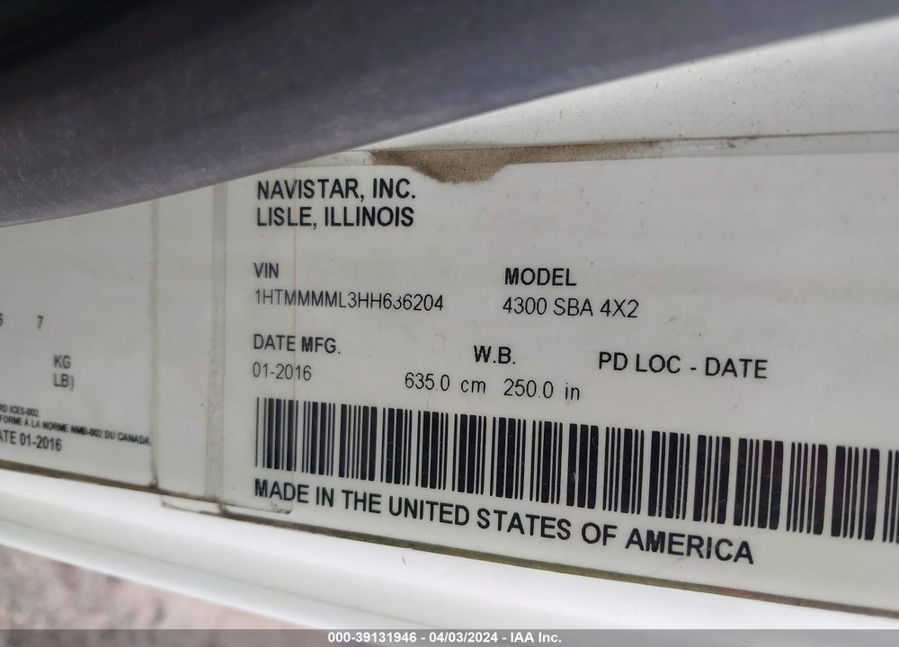 2017 INTERNATIONAL DURASTAR 4300 VIN: 1HTMMMML3HH636204