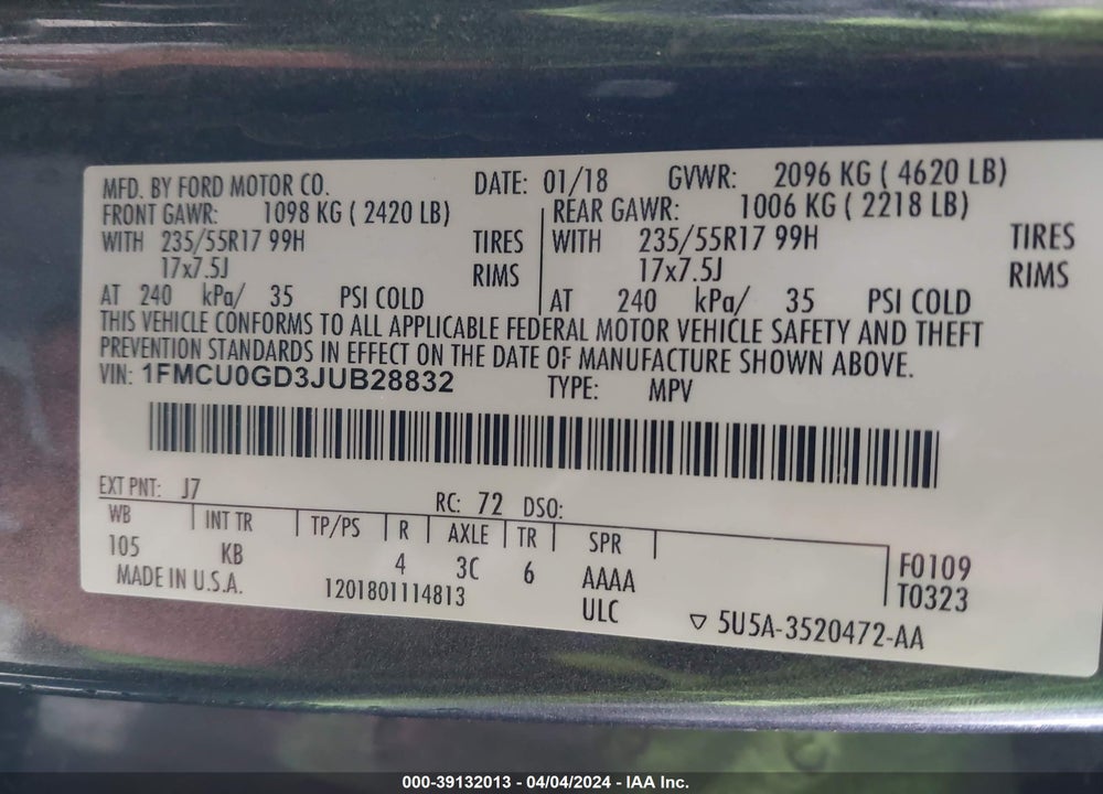 2018 FORD ESCAPE SE VIN: 1FMCU0GD3JUB28832