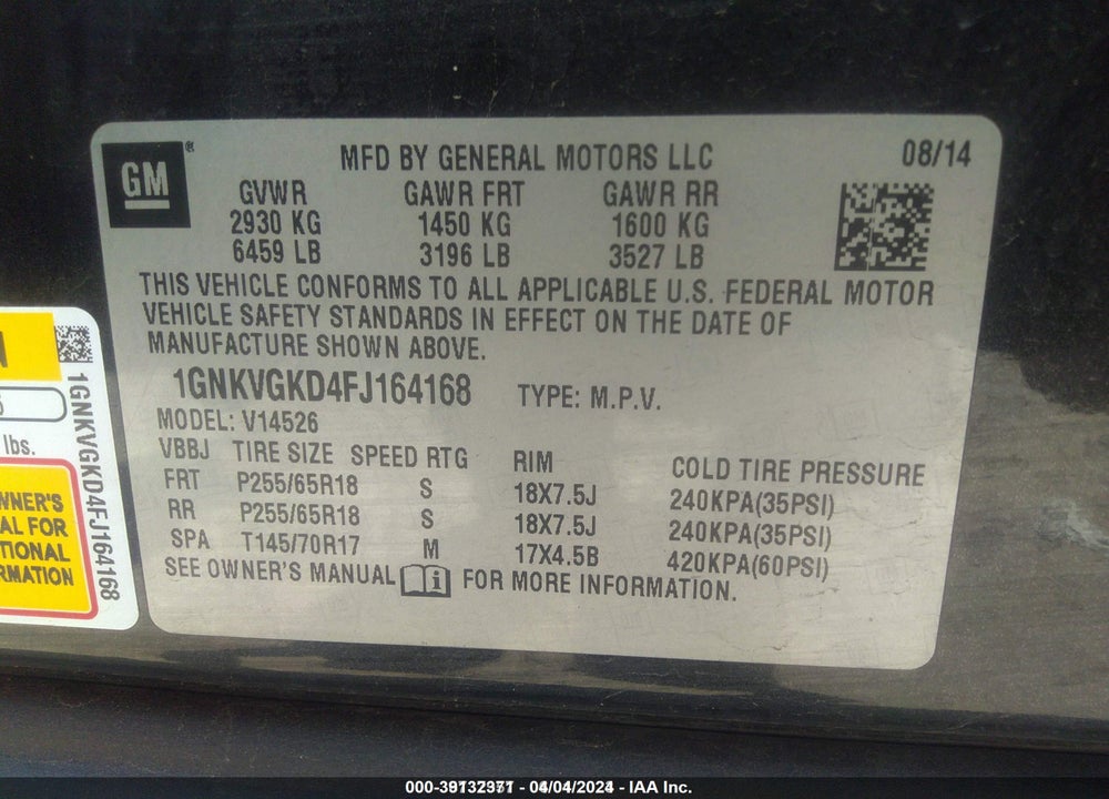 2015 CHEVROLET TRAVERSE 1LT VIN: 1GNKVGKD4FJ164168