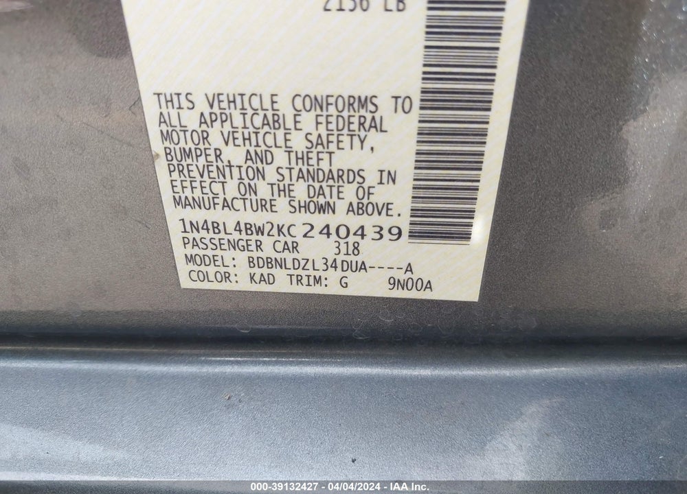2019 NISSAN ALTIMA 2.5 S VIN: 1N4BL4BW2KC240439
