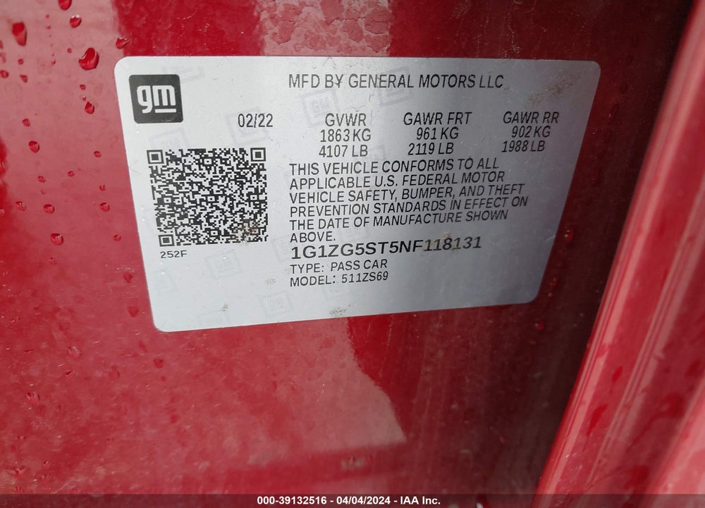 2022 CHEVROLET MALIBU FWD RS VIN: 1G1ZG5ST5NF118131