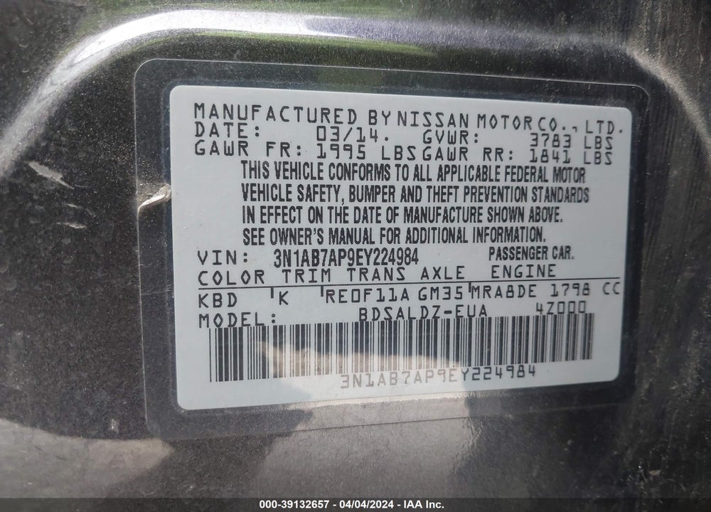 2014 NISSAN SENTRA SV VIN: 3N1AB7AP9EY224984