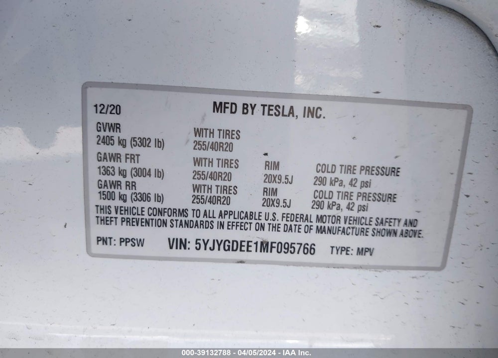 2021 TESLA MODEL Y LONG RANGE DUAL MOTOR ALL-WHEEL DRIVE VIN: 5YJYGDEE1MF095766