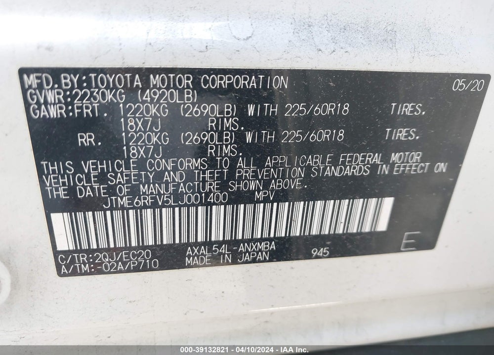 2020 TOYOTA RAV4 XSE HYBRID VIN: JTME6RFV5LJ001400