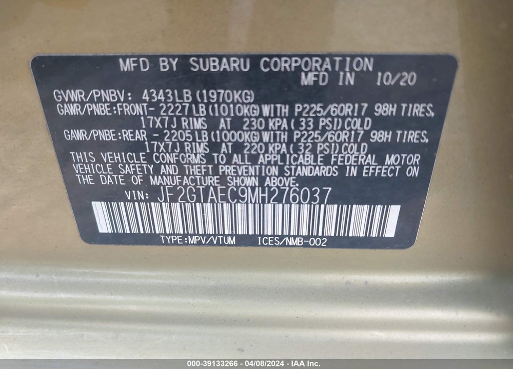 2021 SUBARU CROSSTREK PREMIUM VIN: JF2GTAEC9MH276037