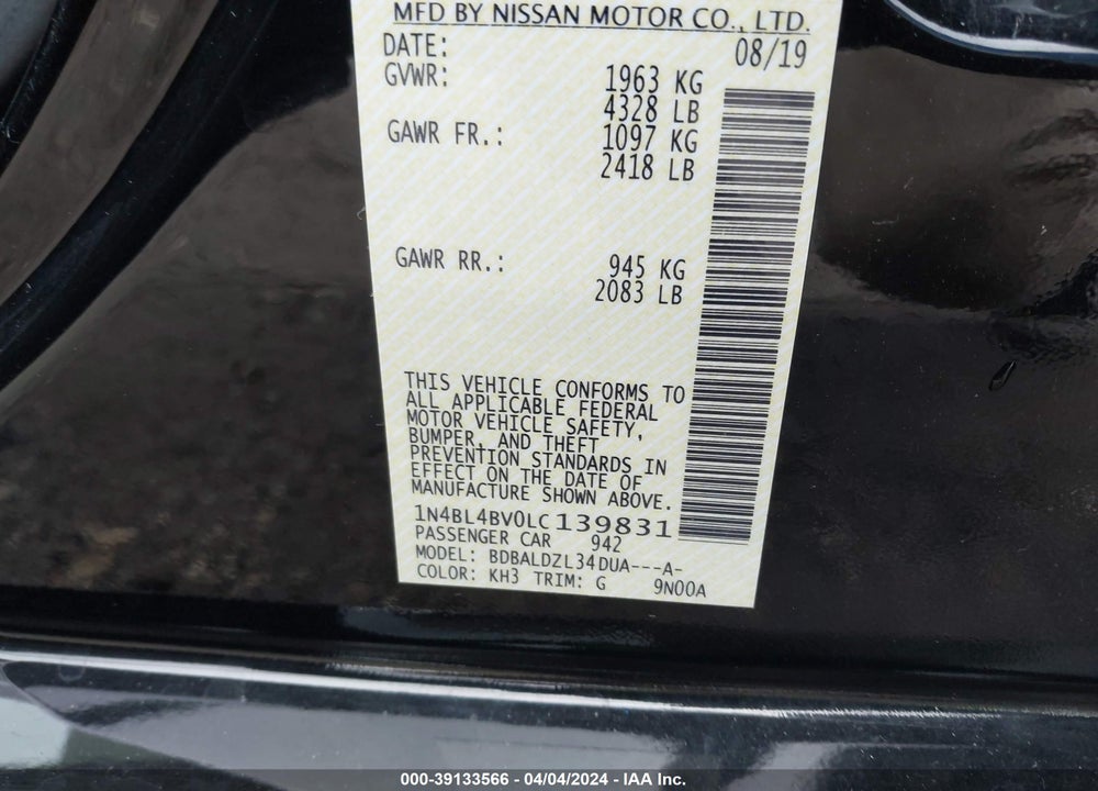 2020 NISSAN ALTIMA S FWD VIN: 1N4BL4BV0LC139831