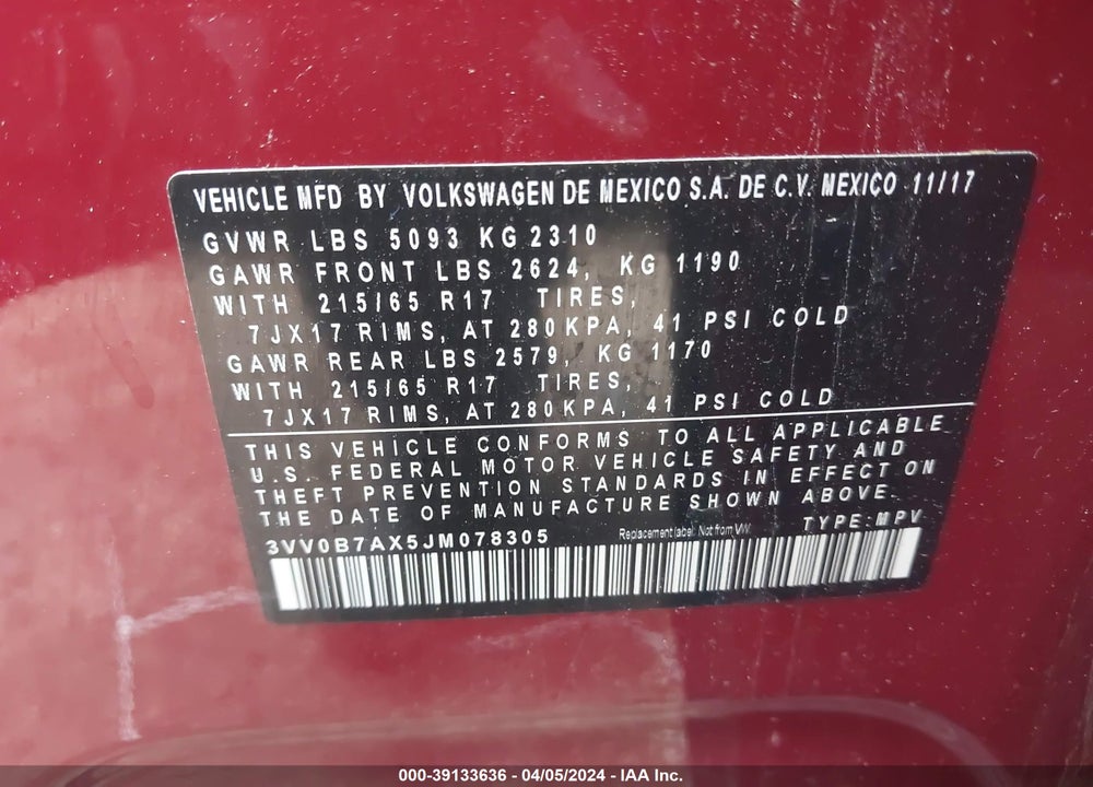 2018 VOLKSWAGEN TIGUAN 2.0T S VIN: 3VV0B7AX5JM078305