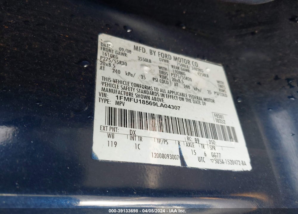 2009 FORD EXPEDITION EDDIE BAUER/KING RANCH VIN: 1FMFU18569LA04307