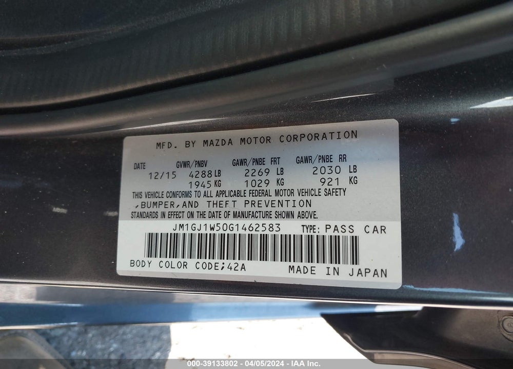 2016 MAZDA 6 VIN: JM1GJ1W50G1462583
