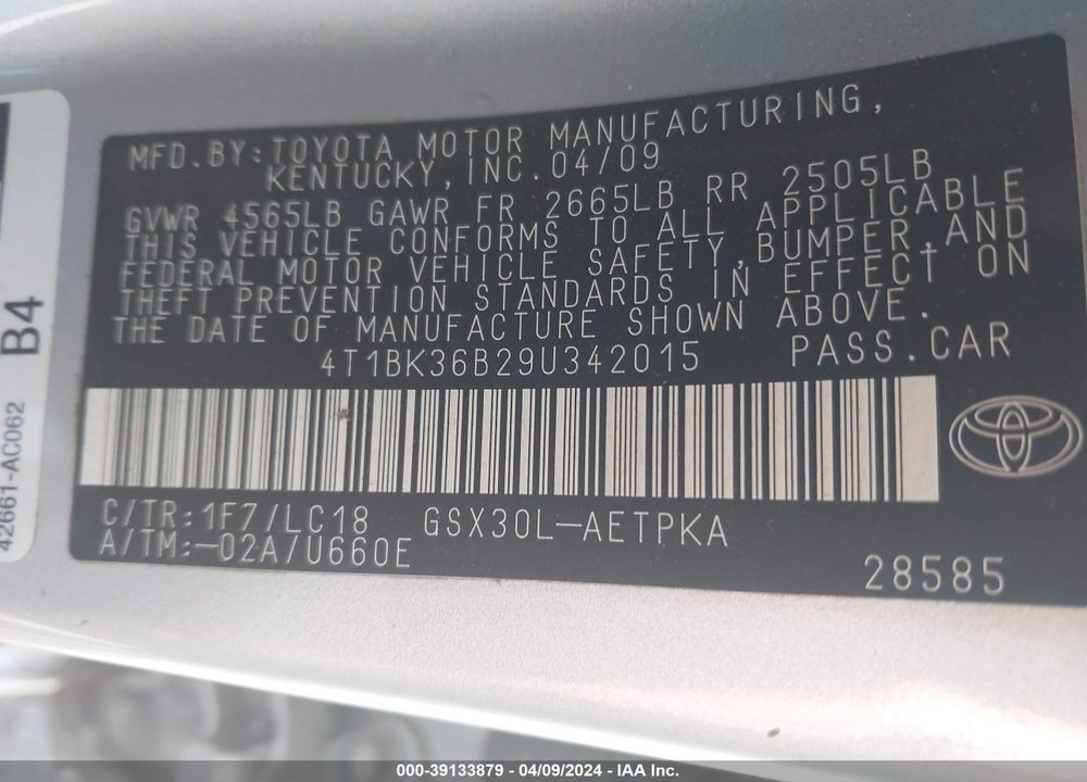 2009 TOYOTA AVALON LIMITED VIN: 4T1BK36B29U342015