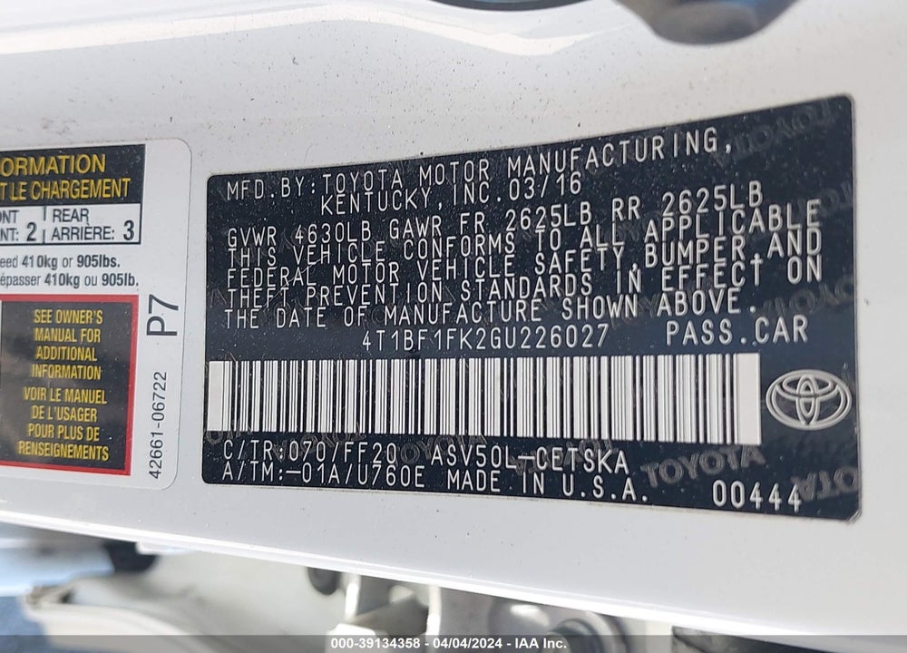2016 TOYOTA CAMRY SE VIN: 4T1BF1FK2GU226027