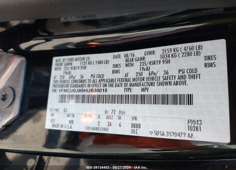 2017 FORD ESCAPE TITANIUM VIN: 1FMCU0J95HUB30015