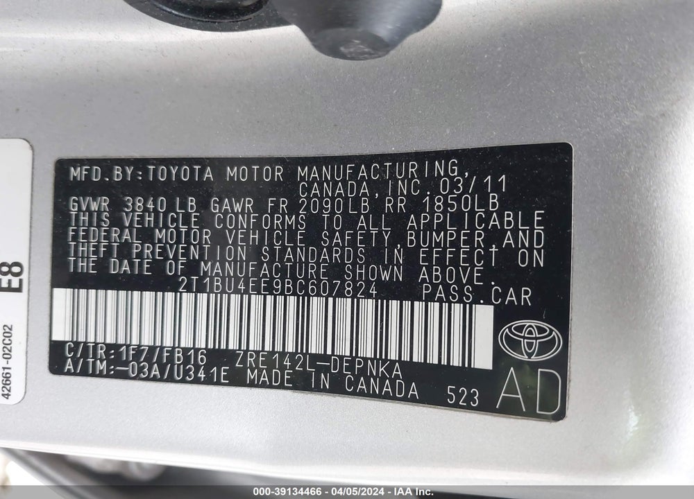 2011 TOYOTA COROLLA LE VIN: 2T1BU4EE9BC607824