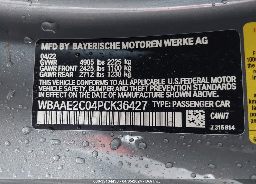 2023 BMW 840 I VIN: WBAAE2C04PCK36427