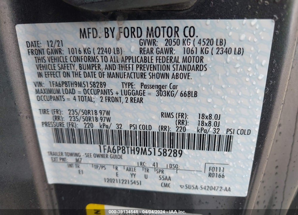 2021 FORD MUSTANG ECOBOOST PREMIUM FASTBACK VIN: 1FA6P8TH9M5158289