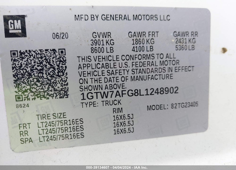 2020 GMC SAVANA CARGO RWD 2500 REGULAR WHEELBASE WORK VAN VIN: 1GTW7AFG8L1248902