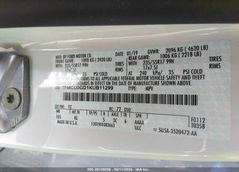 2019 FORD ESCAPE SE VIN: 1FMCU0GD1KUB11299