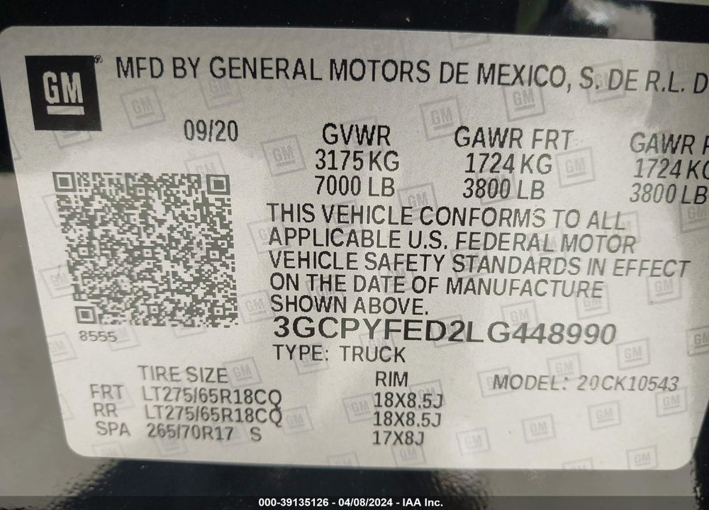 2020 CHEVROLET SILVERADO 1500 4WD SHORT BED LT TRAIL BOSS VIN: 3GCPYFED2LG448990