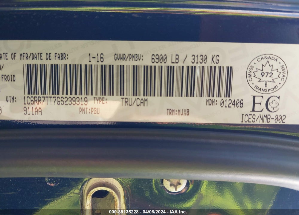 2016 RAM 1500 SLT VIN: 1C6RR7TT7GS239319