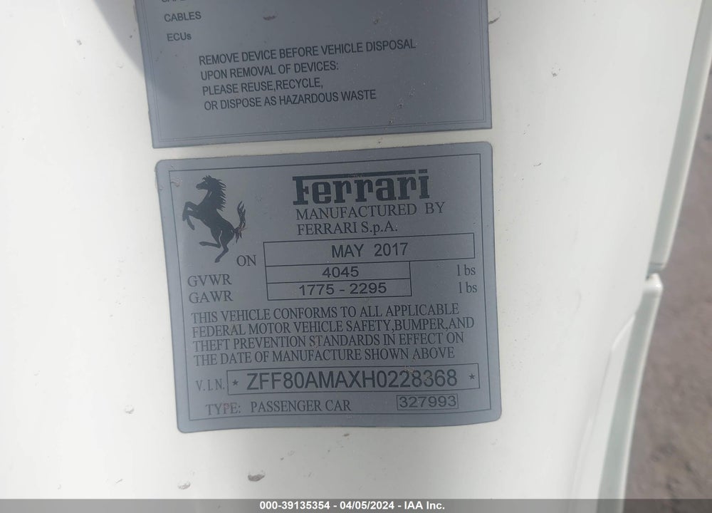 2017 FERRARI 488 SPIDER VIN: ZFF80AMAXH0228368
