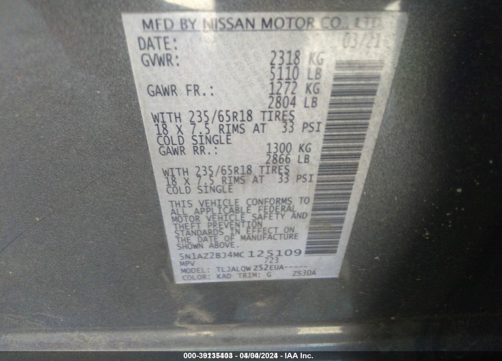 2021 NISSAN MURANO SV FWD VIN: 5N1AZ2BJ4MC125109