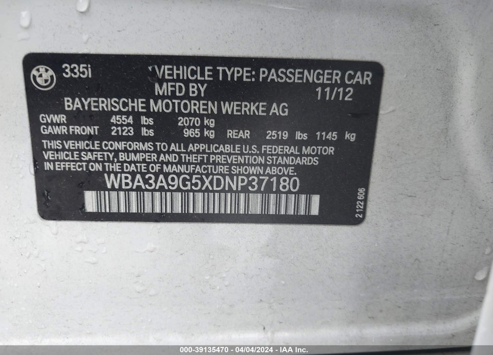 2013 BMW 335I VIN: WBA3A9G5XDNP37180