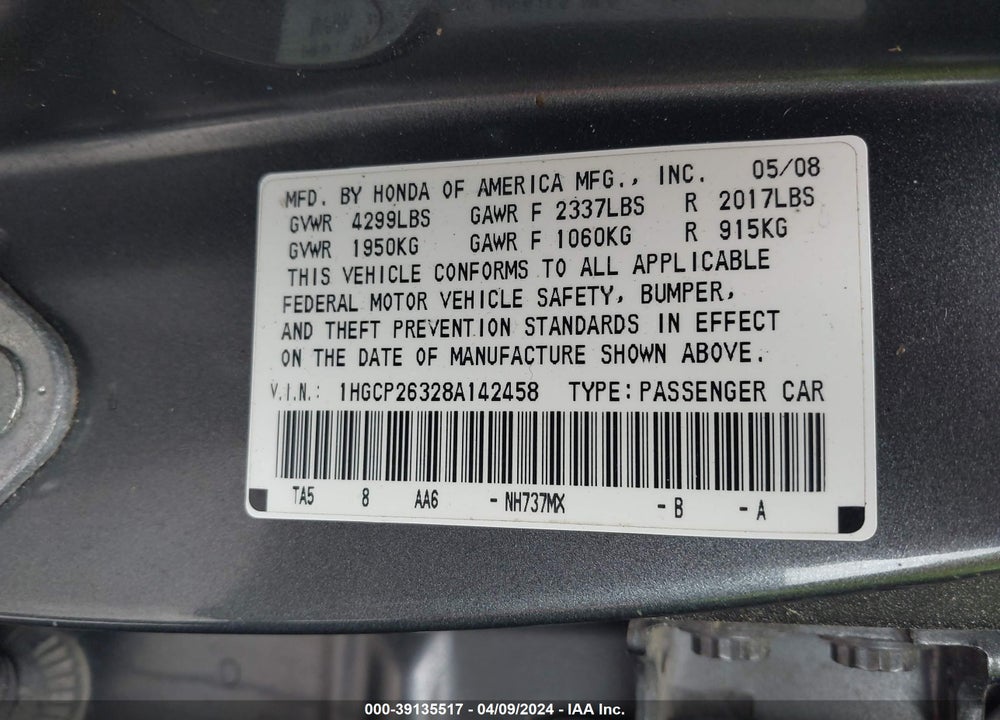 2008 HONDA ACCORD 2.4 LX VIN: 1HGCP26328A142458