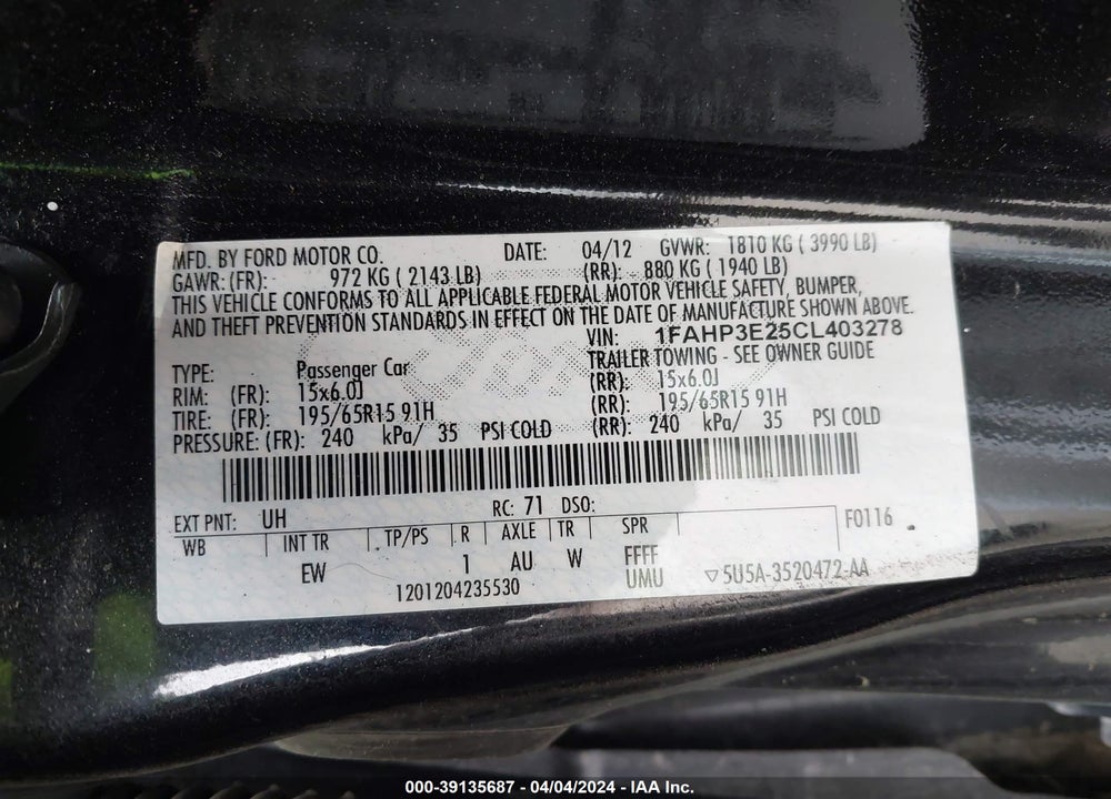 2012 FORD FOCUS S VIN: 1FAHP3E25CL403278