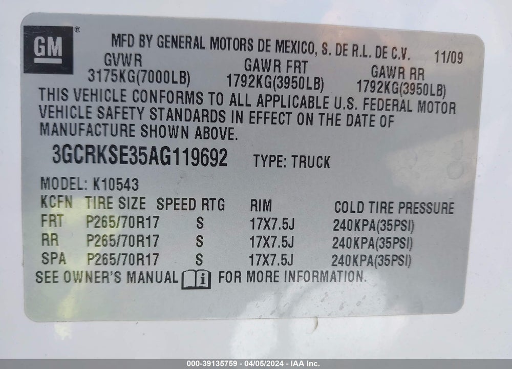 2010 CHEVROLET SILVERADO 1500 LT VIN: 3GCRKSE35AG119692