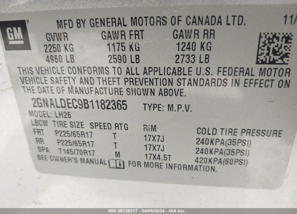 2011 CHEVROLET EQUINOX 1LT VIN: 2GNALDEC9B1182365
