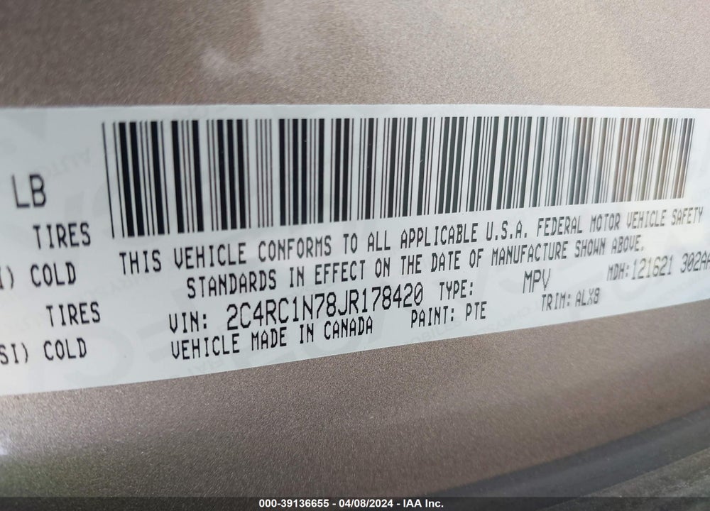 2018 CHRYSLER PACIFICA HYBRID LIMITED VIN: 2C4RC1N78JR178420
