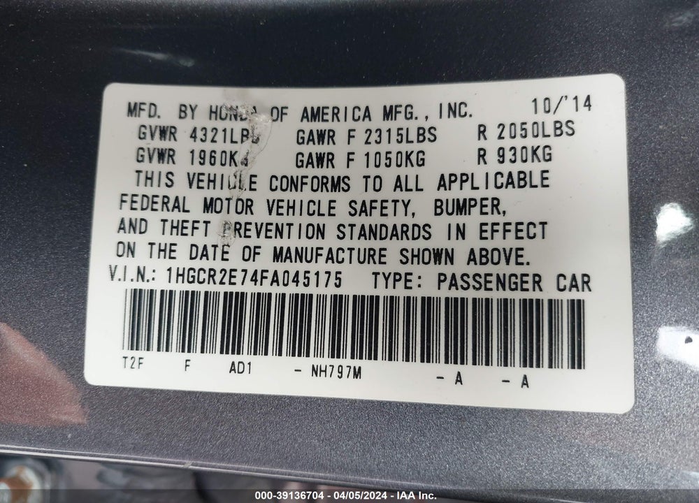 2015 HONDA ACCORD EX VIN: 1HGCR2E74FA045175