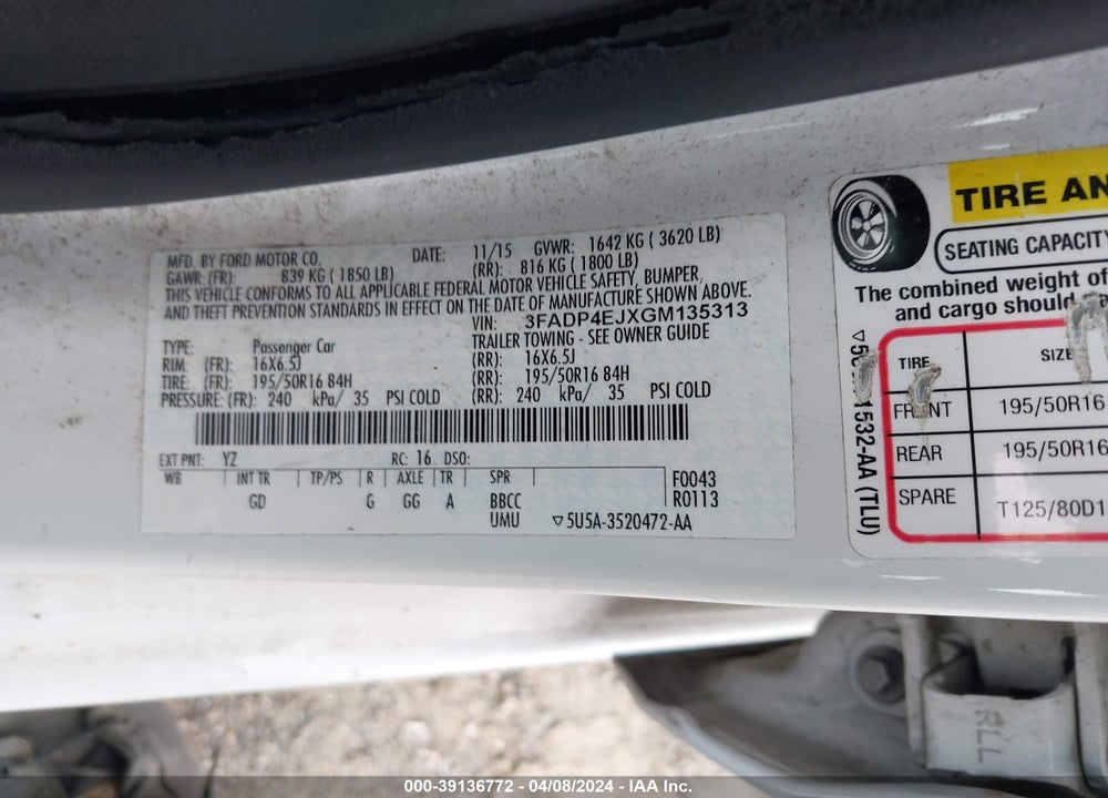 2016 FORD FIESTA SE VIN: 3FADP4EJXGM135313