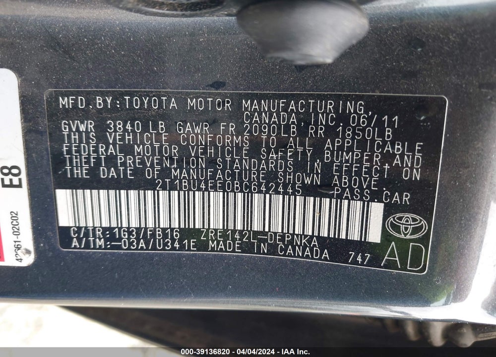 2011 TOYOTA COROLLA LE VIN: 2T1BU4EE0BC642445