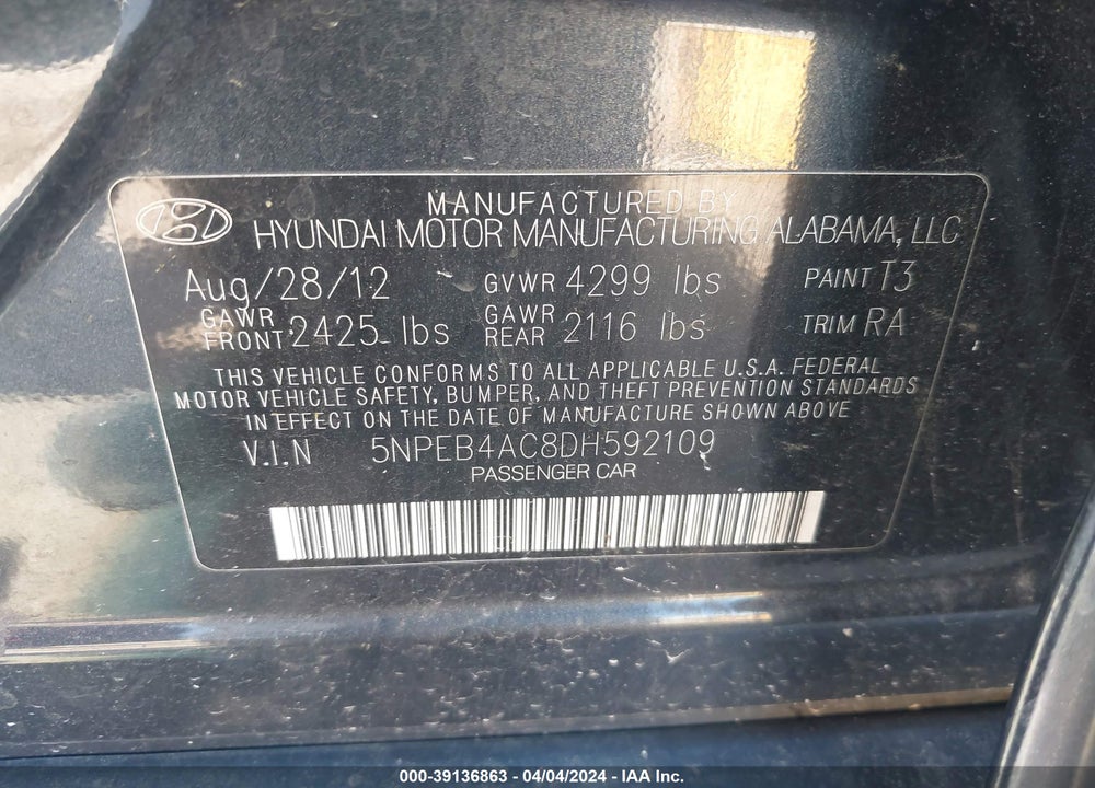 2013 HYUNDAI SONATA GLS VIN: 5NPEB4AC8DH592109