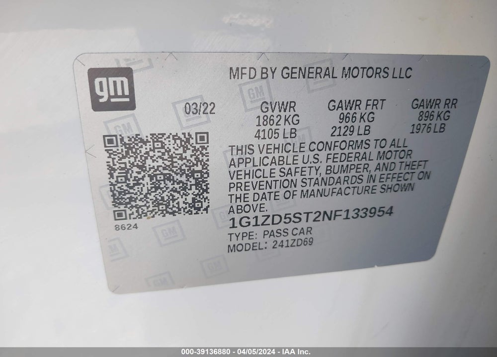 2022 CHEVROLET MALIBU FWD LT VIN: 1G1ZD5ST2NF133954