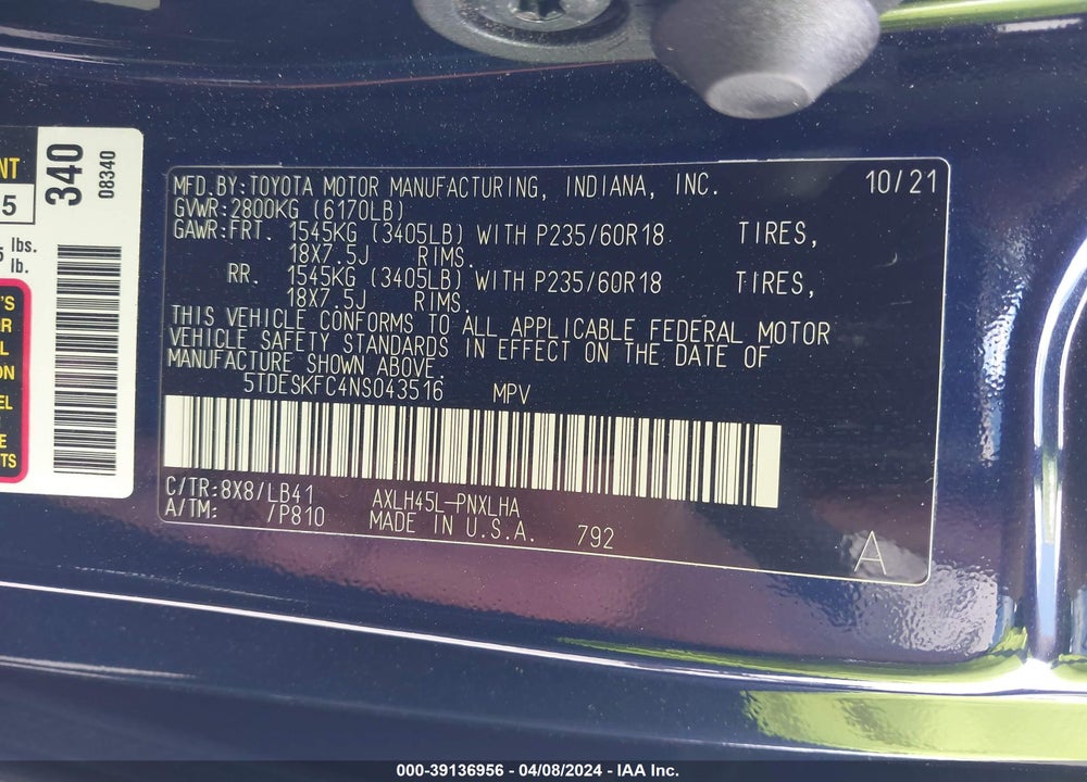 2022 TOYOTA SIENNA PLATINUM VIN: 5TDESKFC4NS043516