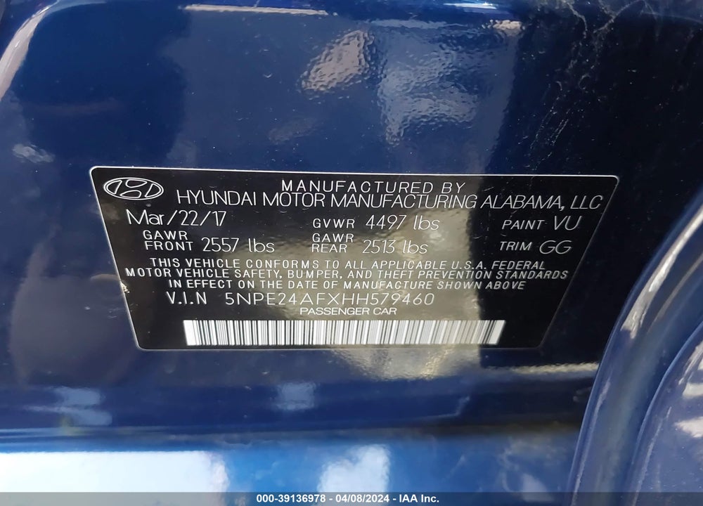 2017 HYUNDAI SONATA SE VIN: 5NPE24AFXHH579460
