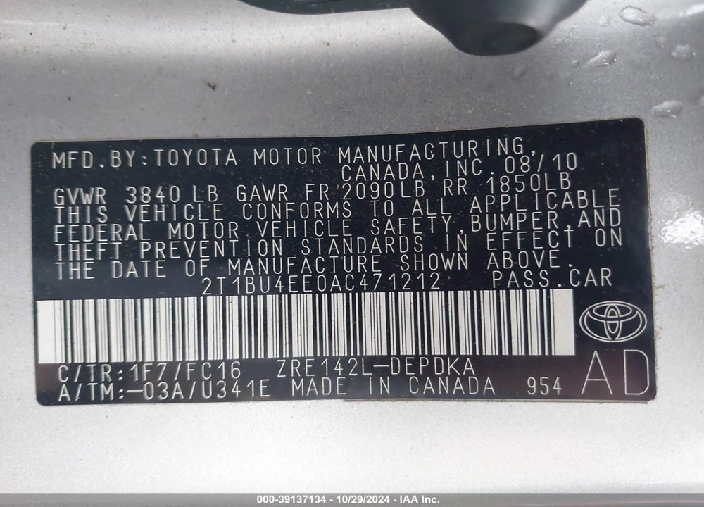 2010 TOYOTA COROLLA LE VIN: 2T1BU4EE0AC471212