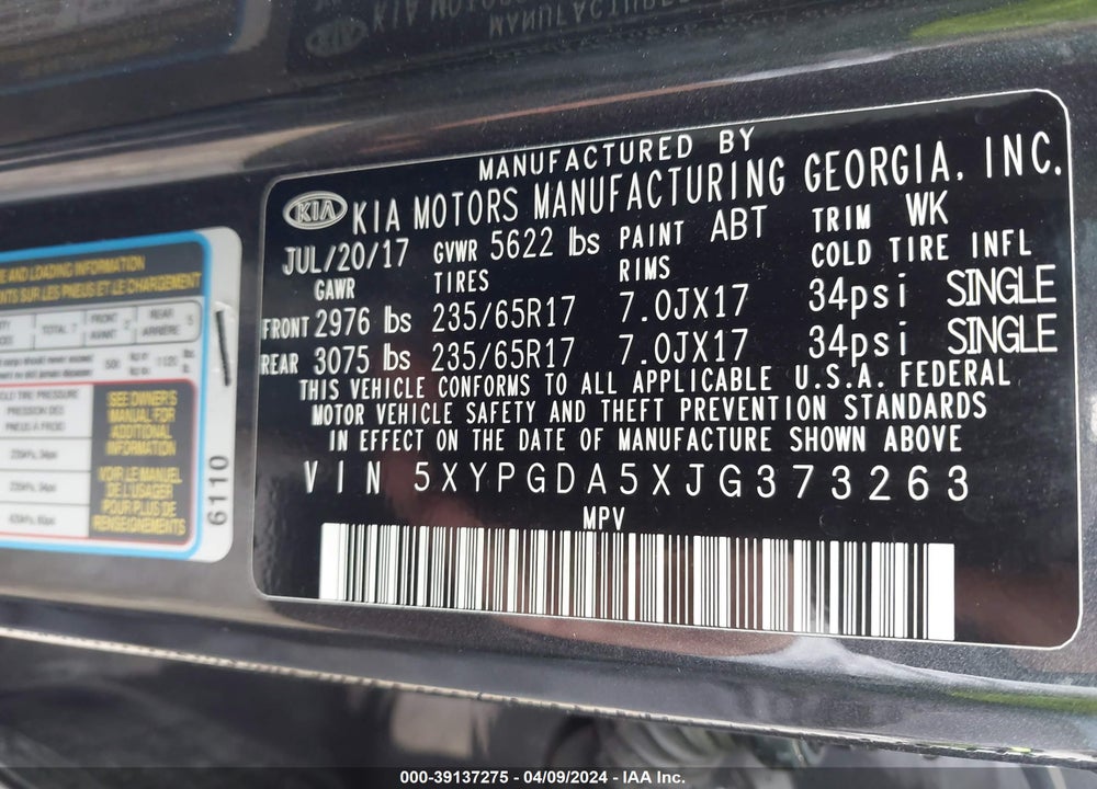 2018 KIA SORENTO 3.3L LX VIN: 5XYPGDA5XJG373263