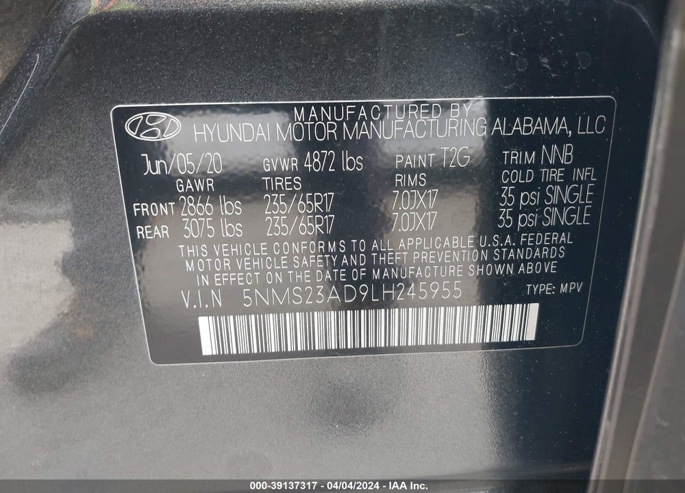 2020 HYUNDAI SANTA FE SE VIN: 5NMS23AD9LH245955