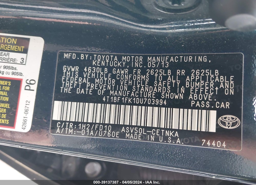 2013 TOYOTA CAMRY VIN: 4T1BF1FK1DU703994