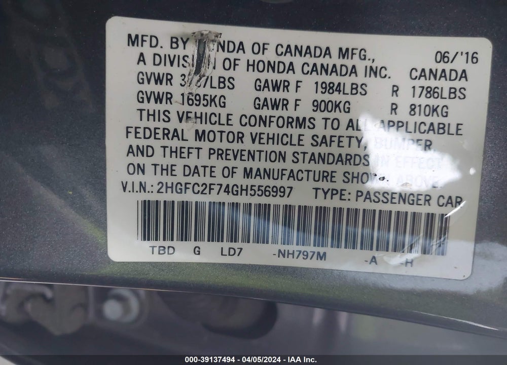 2016 HONDA CIVIC EX VIN: 2HGFC2F74GH556997