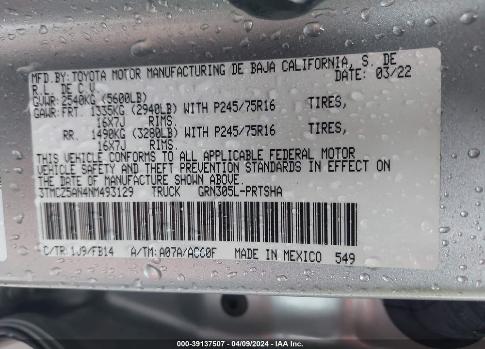2022 TOYOTA TACOMA SR V6 VIN: 3TMCZ5AN4NM493129